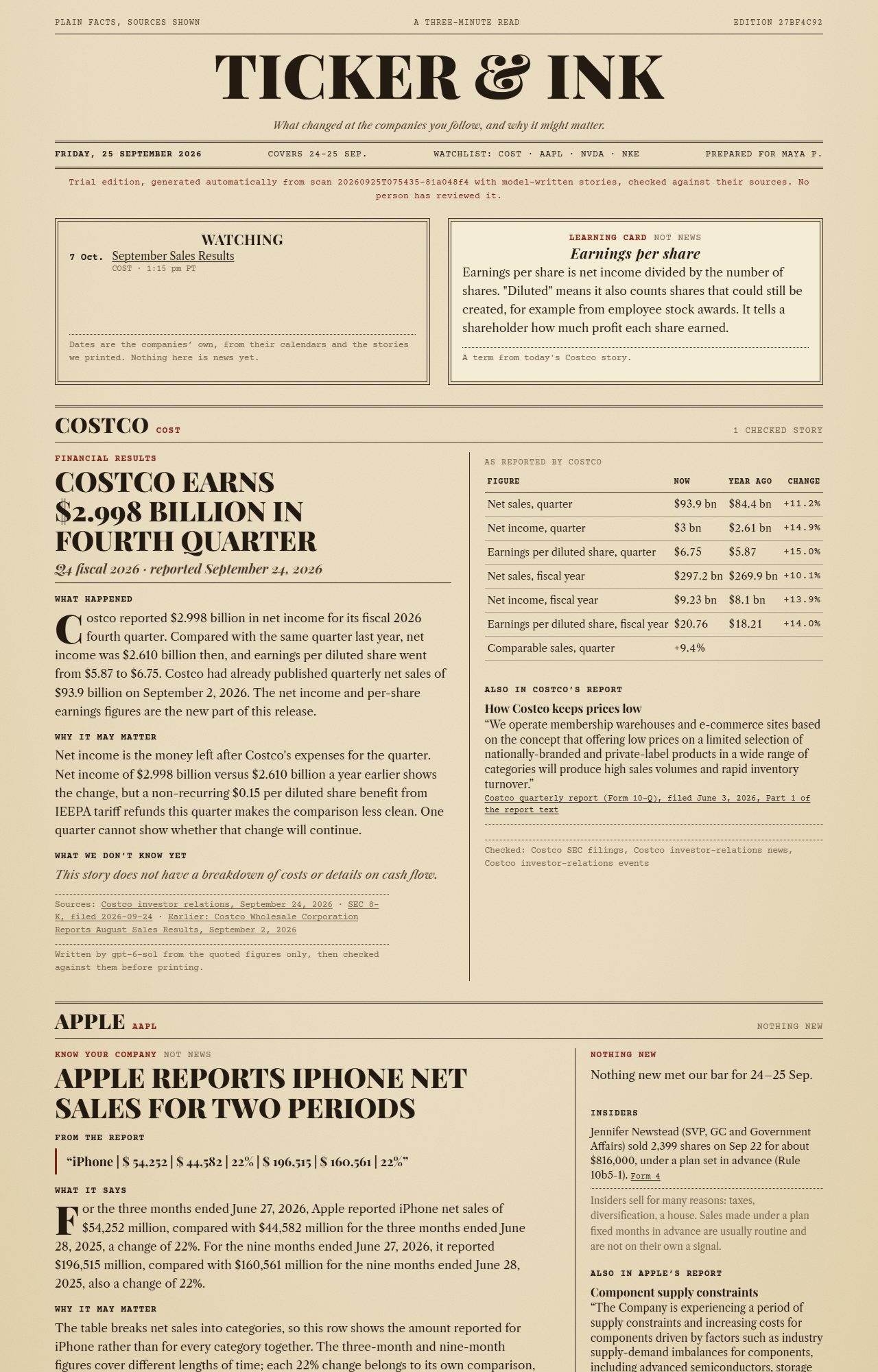A Ticker & Ink edition: a Costco results story with a table of reported figures, a 'Watching' box with upcoming dates, a learning card on earnings per share, and an Apple strip explaining iPhone sales from the company's quarterly report.